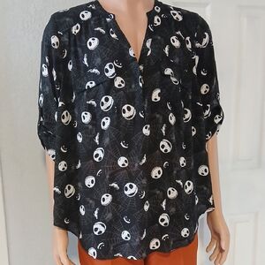 Disney Black and White Boxy Blouse with Mandarin Collar